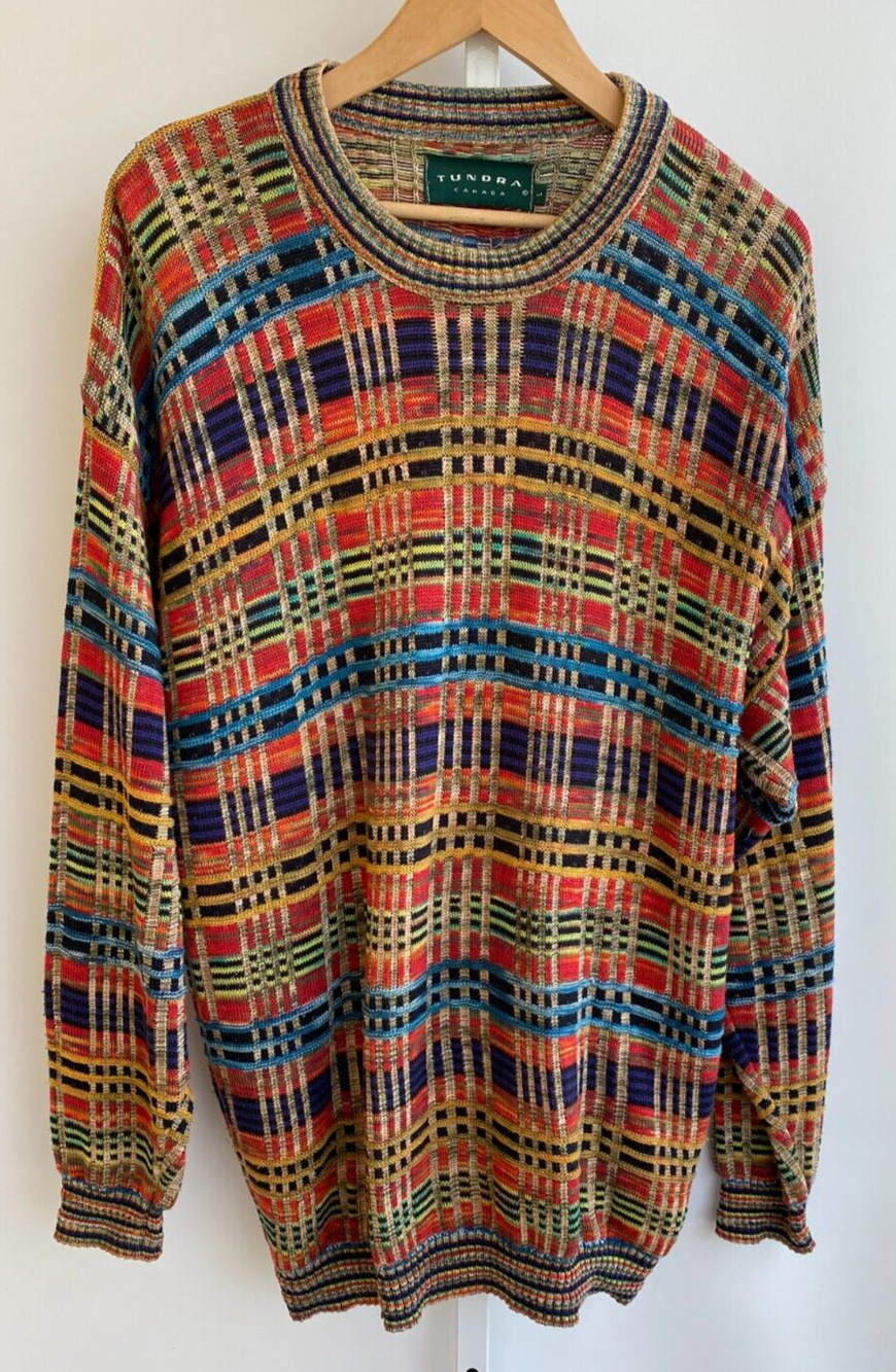 Vintage Tundra Plaid Pattern Knit Grandpa Sweater Size Large Multicolor